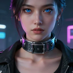 detailed realistic female character cyberpunk wearing thick steel collar around neck, realistic, art, beautiful, 4K, collar, choker, collar around neck, punk, artstation, detailed, female, woman, choker, cyberpunk, neon, punk, collar, choker, collar around neck, thick collar, tight around neck, punk, blue eyes,