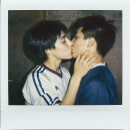 lit with a bright flash that gives the young subjects the appearance of having been the unsuspecting subjects of late - night polaroid snapshots, a young japanese couple with sport team jerseys on, in a natural kiss embrace, by edouard manet, french impressionism, medium close up, movement, palette knife and wide brushstrokes