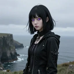 1 7 - year - old pale - skinned persian girl with black long bob cut, black gothic jacket, purple eyes, psychic girl, standing on cliff along the irish coast, overcast gray skies, ultra - realistic, sharp details, subsurface scattering, intricate details, cold lighting, highly detailed, photorealistic, octane render, 8 k unreal engine, art by artgerm