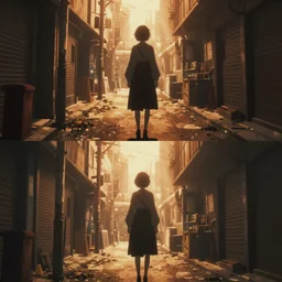 3 panel scene, anime woman stands in a street - dramatic cozy arts by wlop and okuda genso. wide angle lens. featured on pixiv, anime aesthetic. pixiv, warm aesthetic, rays of light, volumetric light, artstation, vanitas, official art, gothic, noise film photo. octane render, redshift render, ue 4