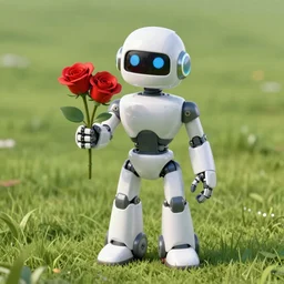 3D render of a Robot holding red roses while standing in grassy field, 8K, by Sergii Golotovskiy