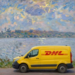 DHL yellow DHL van and the lake, painting by Monet