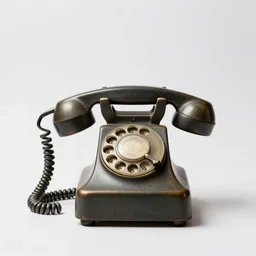 rustic vintage telephone, studio product photography, isolated on a pure white background, centered, entire object in frame, sharp focus, soft studio lighting