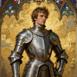 breathtaking detailed painting of arthur rimbaud with a knight armor in a golden sky, mediaval stained glass sky, rembrandt style, elegant, highly detailed, artstation, concept art, matte, sharp focus, art by tom bagshaw, and greg rutkowski