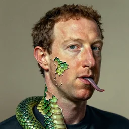 portrait of a mark zuckerberg, skin peeling away to reveal green! scales!, forked snake tongue sticking out, art by ryo shiotani and greg rutkowski, intricate, beautiful, cinematic lighting, vintage art by serge ivanoff, high resolution, very detailed