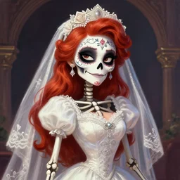 cute & beautiful smug smiling mexican undead skeleton girl with red hair dressed as a bride, elegant, digital art, fantasy, pixar style, painting, pin up, highly detailed, artstation, art by artgerm, vrubel, boris vallejo and ilya kuvshinov