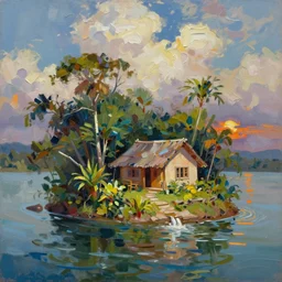 a small island surrounded by water with a cozy cottage, with a garden courtyard, tropical forest, river, waterfall, sunset, puffy clouds, dramatic and dynamic lighting, thick brush strokes oil impasto painting
