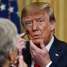 UHD candid color photo of Donald Trump being interrupted putting his makeup on, accurate faces,  UHD, photorealistic, correct face, photo by Annie Leibowitz
