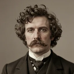 A photograph portrait of Jerma985 with crazy wavy hair a pyramidal mustache in the late 1800s, taken in the late 1800s, 1870s, grainy, taken on a Field View Camera, realistic, hyperrealistic, very realistic, highly detailed, very detailed, extremely detailed, detailed, digital art, trending on artstation