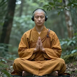a technobudist monk with a high-tech headset meditating in a forest