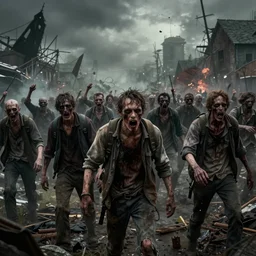 zombie horde apocalypse by, rutkowski, rossier, landis, cinematic, detailed, photorealistic, artstation, epic