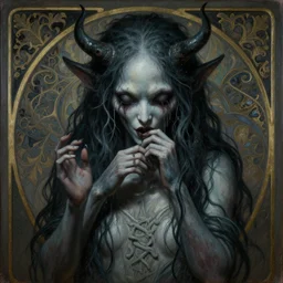 hiperrealistic, ultra detailed art nouveau painting of an anthrophomorphised nightmare, character art, character study