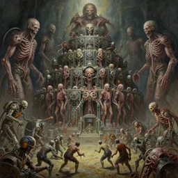 oil paint of 1 1 horrifying machines as mainframe reel computers inside flayed gods in tiers, colossal medical gangrene machines in tiers, dethroning / we machines / melee, battle pit, by shigeru komatsuzaki, wayne d barlowe, stefano tamburini, ember light, muted colors, epic, hyper detailed, awe inspiring, award winning horror, narrative