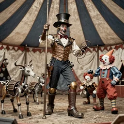 colorized 1 9 1 0 closeup photo of a steampunk circus with a mechanical ringmaster and robotic animals and mechanized clowns, inside a circus tent