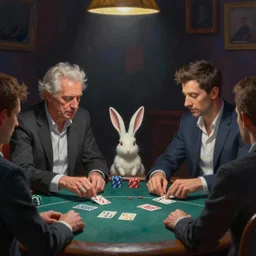 hyper detailed 3d render like a Oil painting - larry david playing poker with a bunny by Jacek Yerka, Mariusz Lewandowski, Houdini algorithmic generative render, Abstract brush strokes, Masterpiece, Edward Hopper and James Gilleard, Zdzislaw Beksinski, Mark Ryden, Wolfgang Lettl, hints of Yayoi Kasuma, octane render, 8k