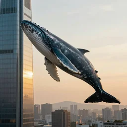 a huge whale is floating in the air near a skyscraper, surreale, epic, cinematic shot, golden hour, atmosphere, high definition