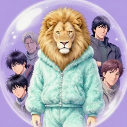aesthetic portrait commission of a albino male furry anthro lion under a lavender bubble filled while wearing a cute mint colored cozy soft pastel winter outfit with pearls on it, winter Atmosphere. Character design by charlie bowater, ross tran, artgerm, and makoto shinkai, detailed, inked, western comic book art, 2021 award winning painting