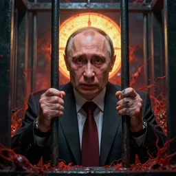 shocked putin with tears in cage, cage, hell, hyper - realistic, sharp focus, depth of field, hyper - detailed visionary art, symmetric, hell, holy halo, dramatic ambient lighting, high detail, vibrant colors, the thing 1 9 8 2, judgment day, apocalypse,