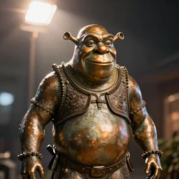 bronze statue of Shrek still, cinematic lighting, dramatic, octane render, long lens, shallow depth of field, bokeh, anamorphic lens flare, 8k, hyper detailed, 35mm film grain