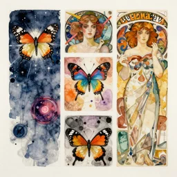 butterfly supernova, jackson pollock, alphonse mucha, trending on artstation, watercolor painting, intricate