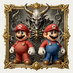 diabolical Mario bros portrait, in style of Doom, in style of Midjourney, meticulously detailed and intricate, golden ratio, elegant, ornate, horror, elite, ominous, haunting, matte painting, cinematic, cgsociety, Android Jones, James jean, Noah Bradley, Darius Zawadzki, Zdizslaw Beksinski, high detail vintage engraving illustration