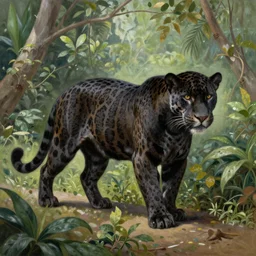 a beautiful realistic painting of a black jaguar in the jungle hunting at night, starry sky, full moon, mysterious atmosphere, vibrant colors, ayahuasca, fantasy art style