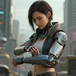 a cyborg girl fixing her detached arm, cyberpunk, realistic fingers, realistic body, realistic clothing, beautiful texture, beautiful graphics, fantasy artwork, very beautiful scenery, hd, hdr, ue 5, ue 6, unreal engine 5, cinematic 4 k wallpaper, 8 k, ultra detailed