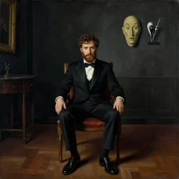 surrealist painting of Bo Burnham with a beard sit in a almost dark room alone by Magritte, Dali, Andre Breton and Max Ernst
