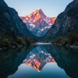 breathtaking landscape of mountains standing in a clean river, mirrored refractions, cinematic, neon color palette, 4 k, wallpaper 4 k, detailed photo, natural lighting, cinematic lighting, global illumination