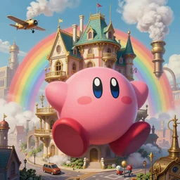 a kirby in steampunk city, fluffy, rainbow - laque, house, mansion, street, aircraft, steam pipe, steam cloud, intricate, elegant, detailed, digital painting, concept art, smooth, sharp focus, painting by sho murase, alfred kubin, alfonse mucha, trending on artsstation