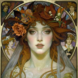 realistic detailed face portrait of a Ghostly Ethereal Vampire Bride by Alphonse Mucha, Ayami Kojima, Amano, Charlie Bowater, Karol Bak, Greg Hildebrandt, Jean Delville, and Mark Brooks, Art Nouveau, Neo-Gothic, gothic, rich deep moody colors