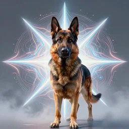 symmetry!! product render poster vivid colors divine proportion german shepard hound floppy ears, scifi, glowing fog intricate, elegant, highly detailed, digital painting, artstation, concept art, smooth, sharp focus, illustration
