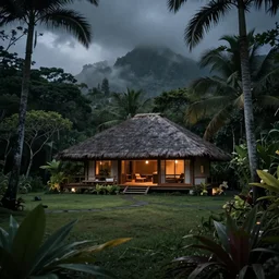 a Hawaiian villa in the middle of an tropical forest, ominous Sky, gloomy atmosphere, cinematic, mist, High definition, 8k, ultra detailed