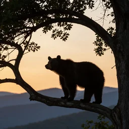 Beautiful photograph of silhouette of a black bear standing on a tree limb, under tree canopy, golden hour, sun setting over the Blue Ridge mountains in the background, Nikon D810, ƒ/8, 85mm, exposure time: 1/800, ISO: 200