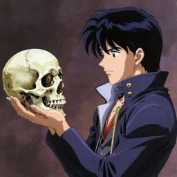 spike spiegel contemplatively looking at a human skull in his outstretched left hand like Hamlet, cowboy bebop,