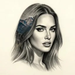 realistic tattoo sketch of a megan fox face double exposure mountain scenery, in the style of matteo pasqualin, amazing detail, sharp, faded