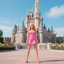 actress playing barbie in real life live action remake, 4 k, film still, live action, realistic, human, actress, wide angle, 4 k, background of castle