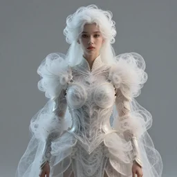 a majestic woman wearing an intricate and detailed armor made of candy floss. layers. textures. delicate. elaborate. translucent. soft. ethereal. fragile. vulnerable. studio portrait. photorealistic. octane render