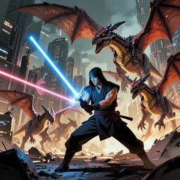 mace windu holding a lightsaber fighting a group of pterodactyls in a destroyed cyberpunk city shooting lasers by greg rutkowski