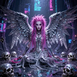 a highly detailed symmetric wide shot of Grimes as a fallen angel, sitting in a large glittery hell simulation with skulls and neon computer code, trending on artstationHD