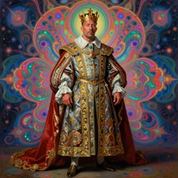 beautiful oil painting, full length portrait of dwayne Johnson in baroque coronation robes 1701, Dan Mumford, Dan Mumford, Alex grey, hyacinthe rigaurd, highly detailed , lsd visuals, dmt fractal patterns, visionary art, psychedelic art, ornate, vaporwave, baroque, Greg rutkowski