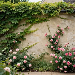 cottage wall, outside garden courtyard with vines and ivy growing up the wall, beautiful roses, flowers, unreal, fantasy, intricate, elegant, dramatic, highly detailed, photorealistic, digital painting, painterly, artstation, concept art, smooth, sharp focus, art by john collier and krenz cushart and artem demura and albert aublet