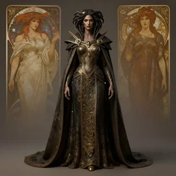 full body portrait shot of a gorgon wearing a long cape, dark dress, ornate, dnd, alphonse mucha, rhads, ross tran, artstation, artgerm, octane render, 1 6 k