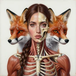 painting of [ hybrid between megan fox!!!!!! & red fox ], intercrossed human & animal, human face with fox whiskers and ears, half!!! of the face skin removed exposing half the face, muscles and skull bones, completely centered, symmetrical, trending on artstation, mixture, by zdzislaw beksinski,, logical anatomy, bright