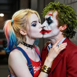 Harley Quinn kissing the joker, realistic, highly detailed