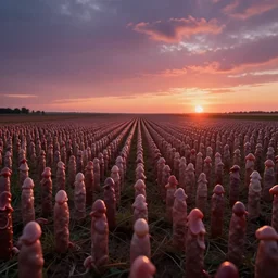 endless field of penises at sunset going beyond the horizon, atmospheric, aspect ratio 2. 3 5, cinematic style, surrealistic, neon, sharp focus, smooth
