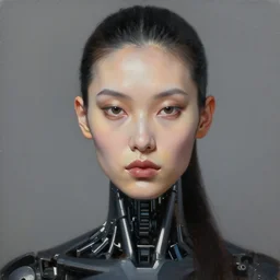 cyborg fashion model close - up, hyperrealism oil painting, matte
