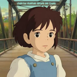 well - lit art nouveau face portrait of a 1 3 - year old girl wih resembles natalie portman and emily browning acting shy on a bridge, natural lighting, path traced, highly detailed, high quality, cartoon, digital painting, by don bluth and ross tran and studio ghibli