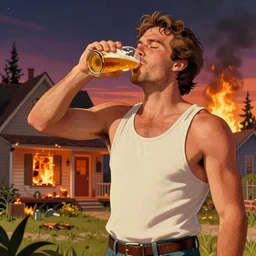 a redneck man wearing a tank top, drinking beer, doing a thumbs up gesture, unfazed that his house is on fire, high quality, detailed, a beautiful retrowave artwork, trending on artstation