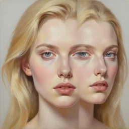 a symmetrical portrait of a blonde woman with strong manly facial features, oil painting, pale colors, high detail, 8 k, wide angle, trending on artstation,